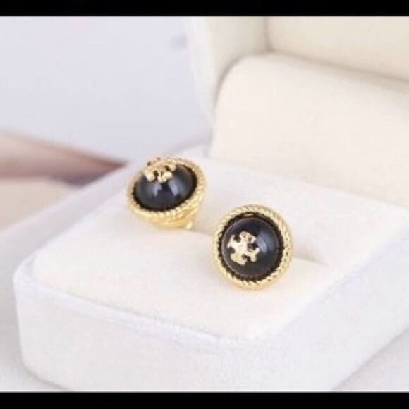 NWOT Tory Burch Gold Logo Black Enamel Circle Stud Earrings - Picture 3 of 5